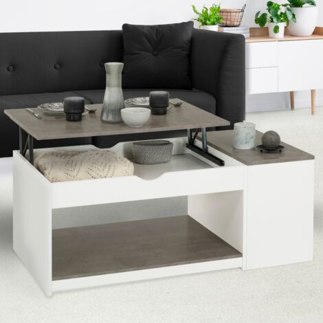 Mesa de centro elevable ELEA con estuche de madera efecto hormigón blanco y gris