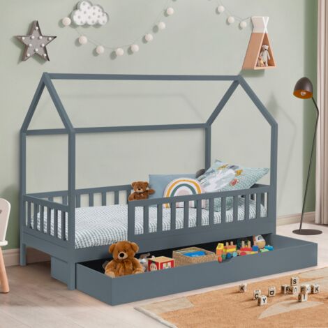 Cama cabina infantil 80 x 160 CM NEREE gris con 1 cajón nido extraíble y espacio de almacenamiento