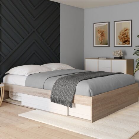 Somier SALEM con almacenaje y base de 160 x 200 cm efecto madera y blanco