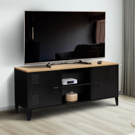 ESTER Mueble de TV de 2 puertas de metal negro con tapa de madera industrial 113 cm