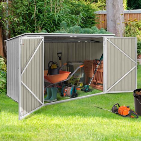 Caseta de jardín de metal gris claro con cerradura para guardar bicicletas, herramientas y cubos de basura