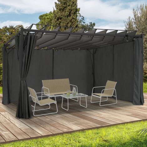 Pérgola LUXE CEFALU lamas orientables 3x4 M y 4 cortinas gris antracita