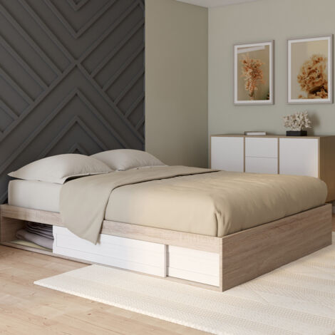 Somier SALEM con espacio de almacenamiento y base de 140 x 190 cm efecto madera y blanco