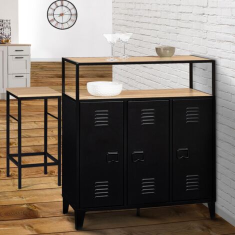 ESTER Bufé bar de 3 puertas de metal negro con tapa de madera imitación haya