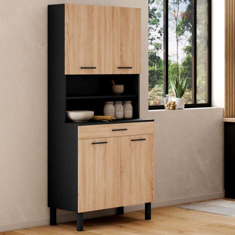 Aparador de cocina CINA 80 CM con 4 puertas + cajón, negro y efecto haya