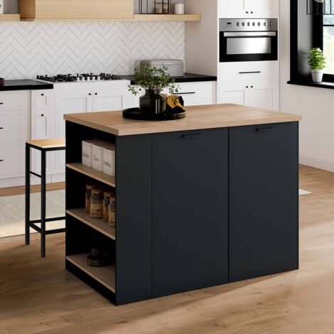Isla central TIBO 120 cm en madera negra con encimera efecto haya