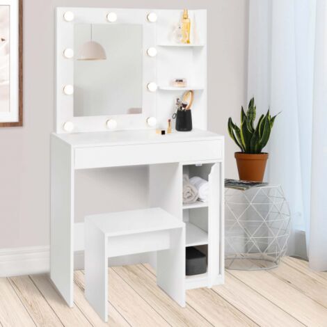 Mueble de tocador ZELIA con espejo LED, 1 cajón, estantes, armario y taburete