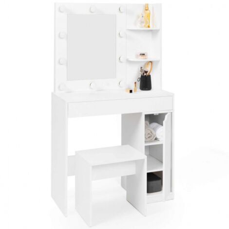Mueble de tocador ZELIA con espejo LED, 1 cajón, estantes, armario y taburete