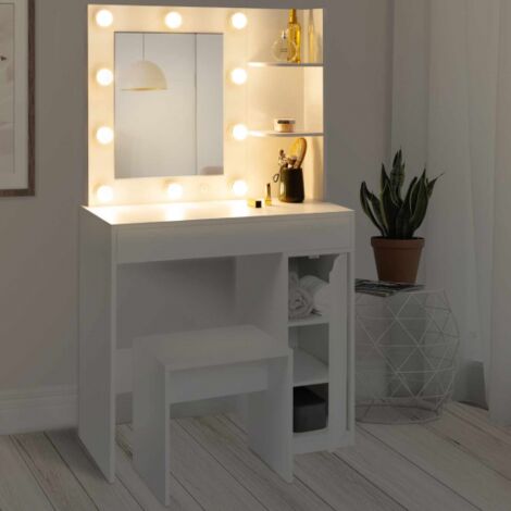 Mueble de tocador ZELIA con espejo LED, 1 cajón, estantes, armario y taburete