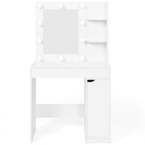 Mueble de tocador ZELIA con espejo LED, 1 cajón, estantes, armario y taburete