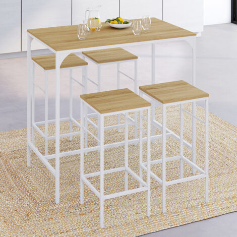 DETROIT Mesa de bar de 100 cm de altura y 4 taburetes, madera y metal blanco, diseño industrial