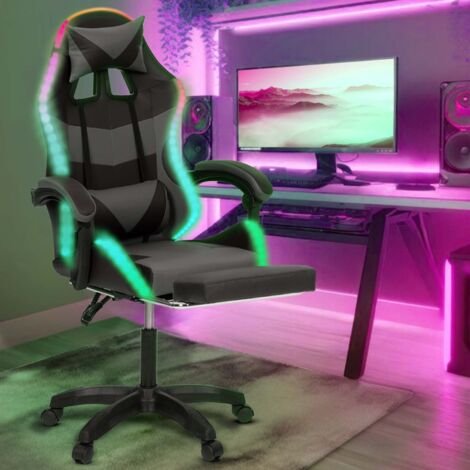 Silla de juegos LUC LED con reposapiés, reposacabezas y soporte de masaje lumbar en negro y gris