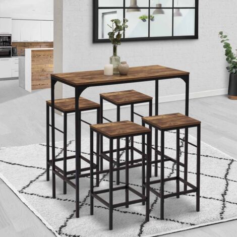 DAYTON Mesa de bar de 100 cm de altura y 4 taburetes de madera oscura con efecto envejecido y diseño industrial en negro