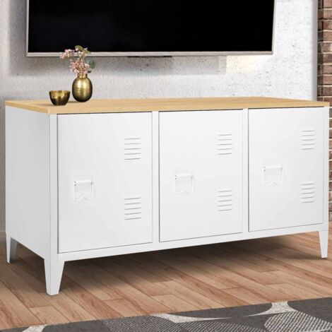 ESTER aparador bajo, madera, 3 puertas de metal blanco, diseño industrial 113cm
