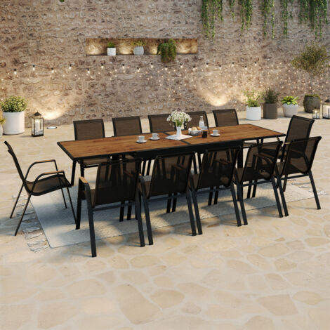 MOOREA conjunto de muebles de jardín extensible Mesa efecto madera 135/270 cm y 12 sillas apilables negro y madera