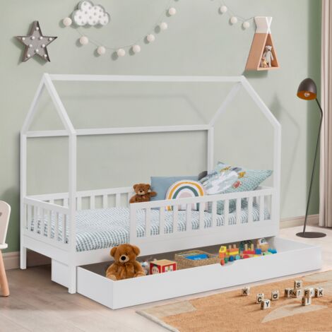 Cama cabina infantil 80 x 160 CM NEREE blanca con 1 cajón nido extraíble y espacio de almacenamiento