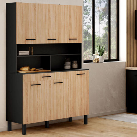 CINA 120 CM aparador de cocina con 6 puertas + cajón, acabado negro y haya