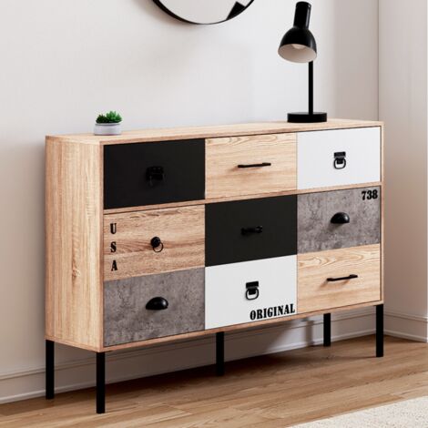 SACRAMENTO Aparador de 3 puertas y 3 cajones, diseño industrial desparejado 110 cm