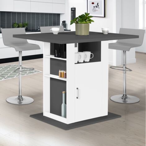 Isla central UGO de 110 cm con encimera de madera gris y blanca y muebles de almacenaje