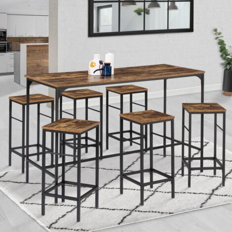 DAYTON Mesa de bar de 150 cm de altura y 6 taburetes con efecto envejecido, diseño industrial