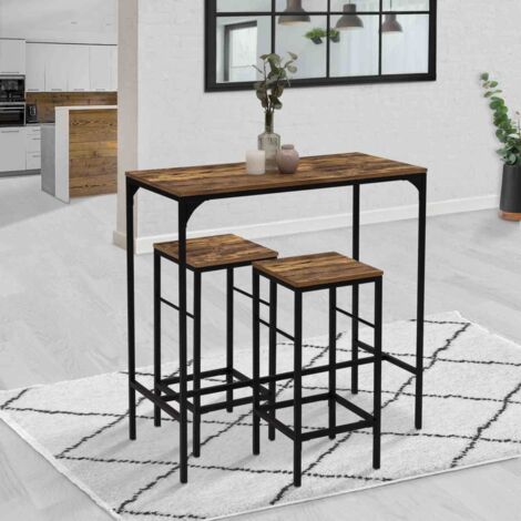 DAYTON Mesa de bar de 100 cm de altura y 2 taburetes con efecto envejecido, diseño industrial