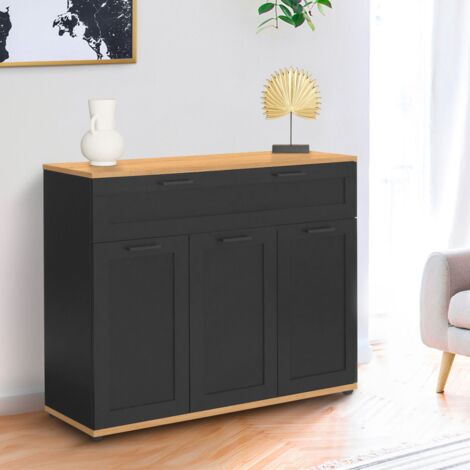 VITO Aparador de 3 puertas con 1 cajón negro y tapa de madera de 100 cm