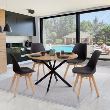 ALIX mesa de comedor redonda para 4-6 personas con patas de madera y araña negra 120 cm
