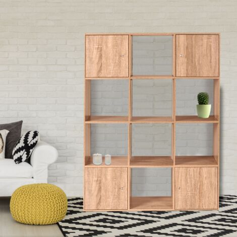 Mueble cubo RUDY con 12 compartimentos en madera efecto haya con puertas