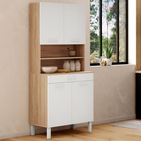 CINA 80 CM aparador de cocina con 4 puertas + cajón, acabado haya y blanco