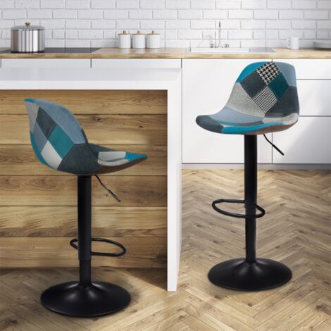 Lote de 2 taburetes de bar KARL patchwork azul con patas negras