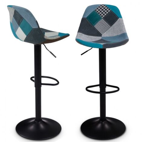 Lote de 2 taburetes de bar KARL patchwork azul con patas negras
