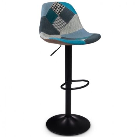 Lote de 2 taburetes de bar KARL patchwork azul con patas negras