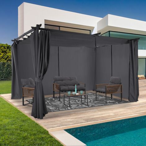 Pérgola edición limitada techo retráctil 3x4M y 4 cortinas gris antracita