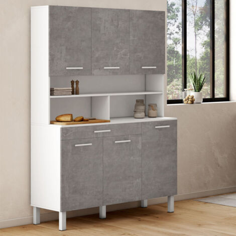 120 CM CINA aparador de cocina con 6 puertas + cajón, blanco y efecto hormigón