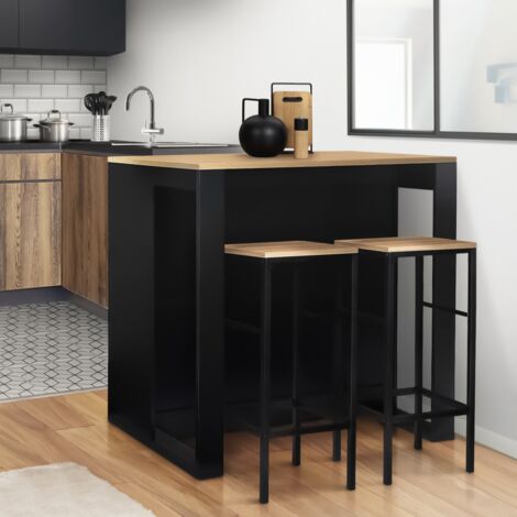 Conjunto de mesa de bar en isla de madera negra JUNO con tablero de aspecto haya y 2 taburetes de bar DETROIT