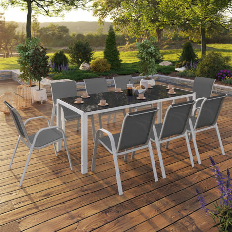 Conjunto de muebles de jardín MADRID mesa 190 CM y 8 sillas apilables blanco y gris
