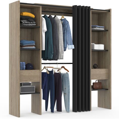 Armario De 180x120x50 Cm Con Puertas De Mimbre Trenzado, Estilo Rústico Y Roble, Con Estantes Abiertos, Barra Para Colgar Y 2 Cajones