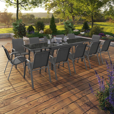 Conjunto de muebles de jardín MADRID - mesa extensible gris 135-270 cm y 12 sillas apilables gris antracita