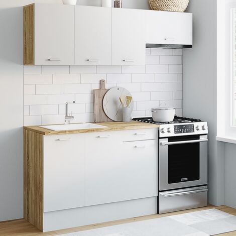 Cocina completa SUBTIL de 180 cm con encimera de 5 elementos en madera y blanco