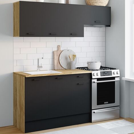 Cocina completa SUBTIL de 180 cm con encimera de 5 unidades en madera y negro