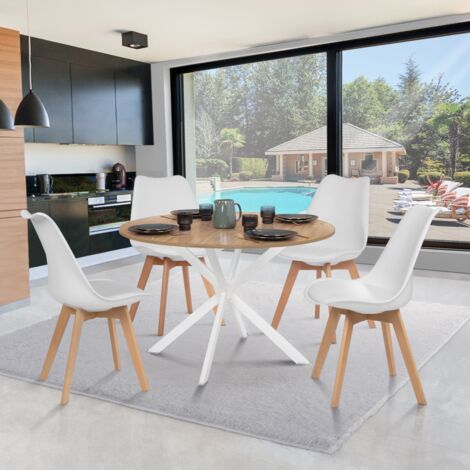 ALIX mesa de comedor redonda para 6 con patas de madera y araña blanca 120 cm