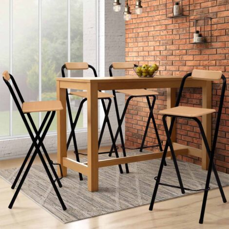 Juego de 4 taburetes de bar plegables DETROIT con estructura negra y asiento de diseño industrial efecto madera