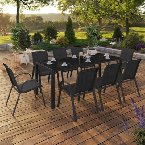 Conjunto de muebles de jardín MADRID mesa 190 CM y 8 sillas apilables negras