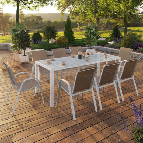 MADRID conjunto de muebles de jardín 190cm mesa y 8 sillas apilables blanco y beige