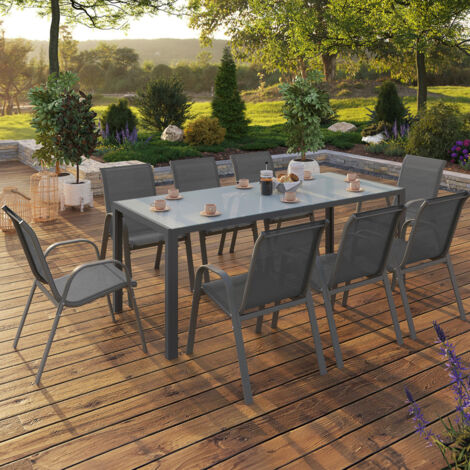 Conjunto de muebles de jardín MADRID Mesa de 190 cm y 8 sillas apilables, gris antracita, tablero claro