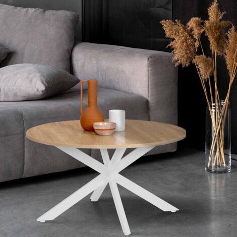 Mesa de centro redonda ALIX con pata de araña, 70 cm, madera y blanco