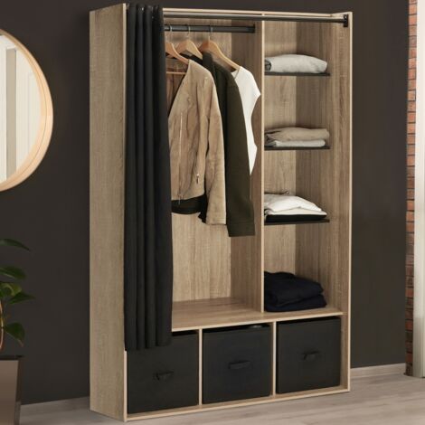 105 x 50 x 172 cm DIANE armario con estantes + cajas de almacenaje + cortina negra y madera