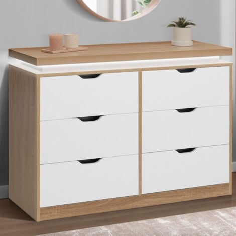 LUNA Arcón de 6 cajones con LED 115 cm blanco y encimera efecto madera