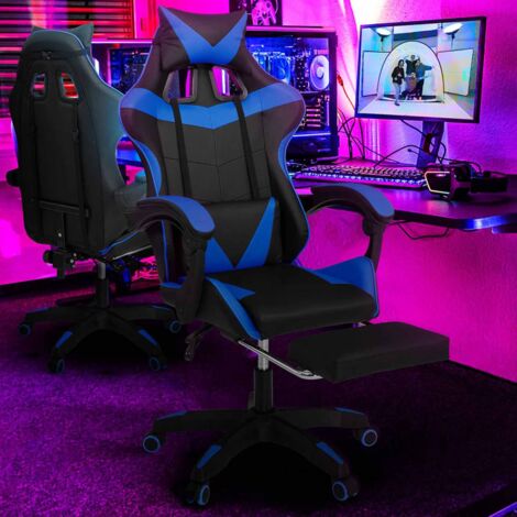 Silla de juego ALEX ajustable con reposapiés, reposacabezas y cojín lumbar en negro y azul