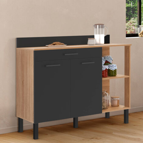CINA 120 CM aparador de cocina bajo con encimera H.83 cm, 2 puertas + cajón, acabado haya y negro